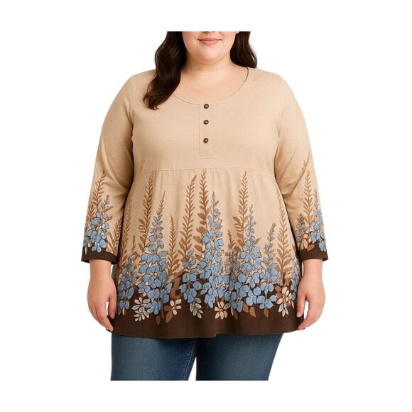 Vintage Metropolitan Beige & Blue Floral 3/4 Sleeve Boho Style Top Size Large - Picture 1 of 6